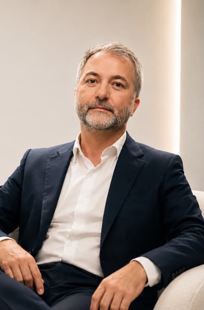 Dr. Patrick Castro Alves sentado em poltrona clara, de terno azul-marinho
